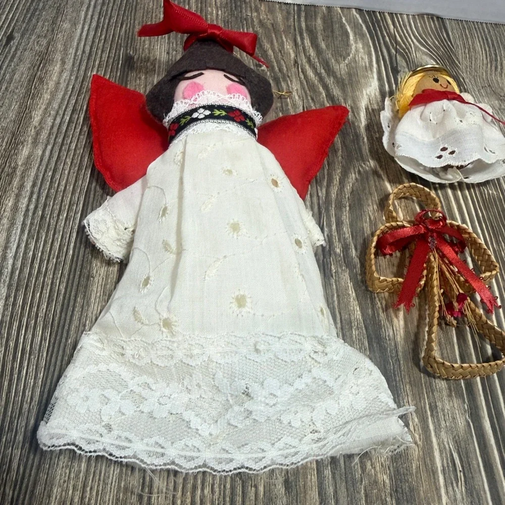 Vintage Angel Ornament Set 3pc Fabric Lace Woven Straw Christmas Folk Art Decor